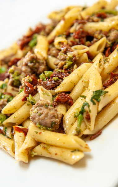 Pasta with Sausage, rapini, Sundried Tomatoes Julienne